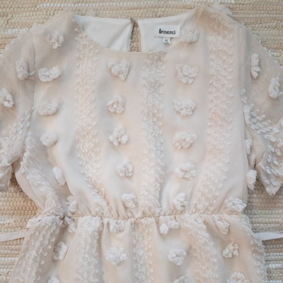 & Merci Cream Textured Pom Pom Swiss Dot Dress with Ruffle Hem Size M EUC - Picture 7 of 15